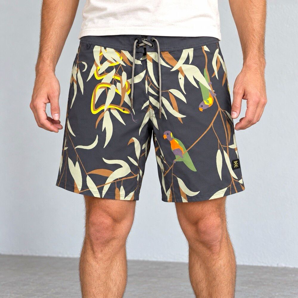 Roark The Passage Board Shorts Men 32 Gray Tropical Parrot Print Drawstring